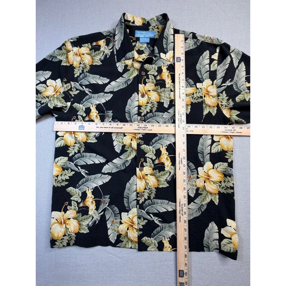 Bermuda Bay Mens XL‎ 100%Silk Hawaiian Shirt Black Yellow Hibiscus Floral Marlin